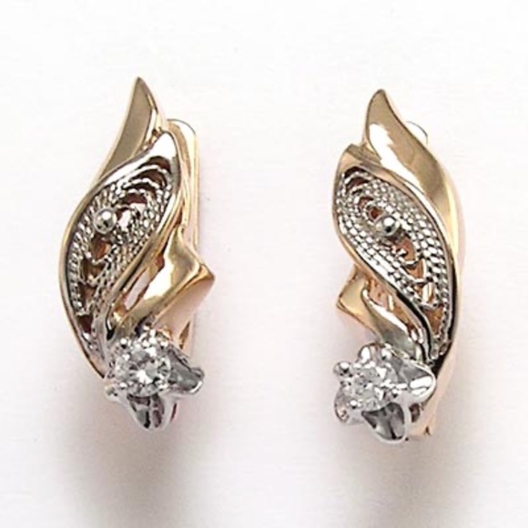 Russian jewelry Solid 18k Rose & White Gold Diamond Earrings
